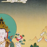 Chenrezig Thangka painting with lotus throne, floral offering, peaceful landscape, and Tibetan Buddhist compassion symbolism.
