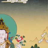 Chenrezig Thangka painting with lotus throne, floral offering, peaceful landscape, and Tibetan Buddhist compassion symbolism.