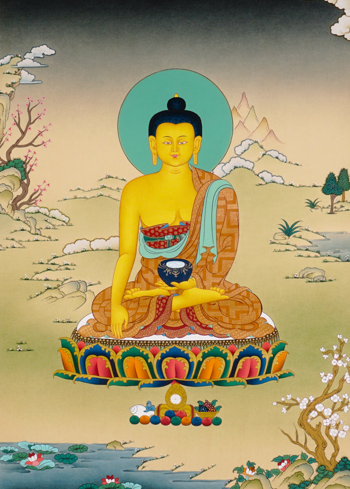 Shakyamuni Buddha Thangka painting with lotus throne, alms bowl, peaceful landscape, and Tibetan Buddhist enlightenment symbolism.