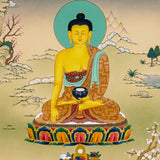 Shakyamuni Buddha Thangka painting with lotus throne, alms bowl, peaceful landscape, and Tibetan Buddhist enlightenment symbolism.