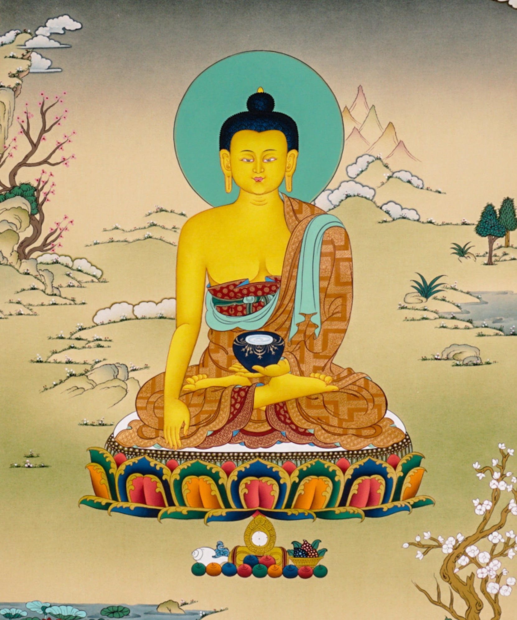 Shakyamuni Buddha Thangka painting with lotus throne, alms bowl, peaceful landscape, and Tibetan Buddhist enlightenment symbolism.