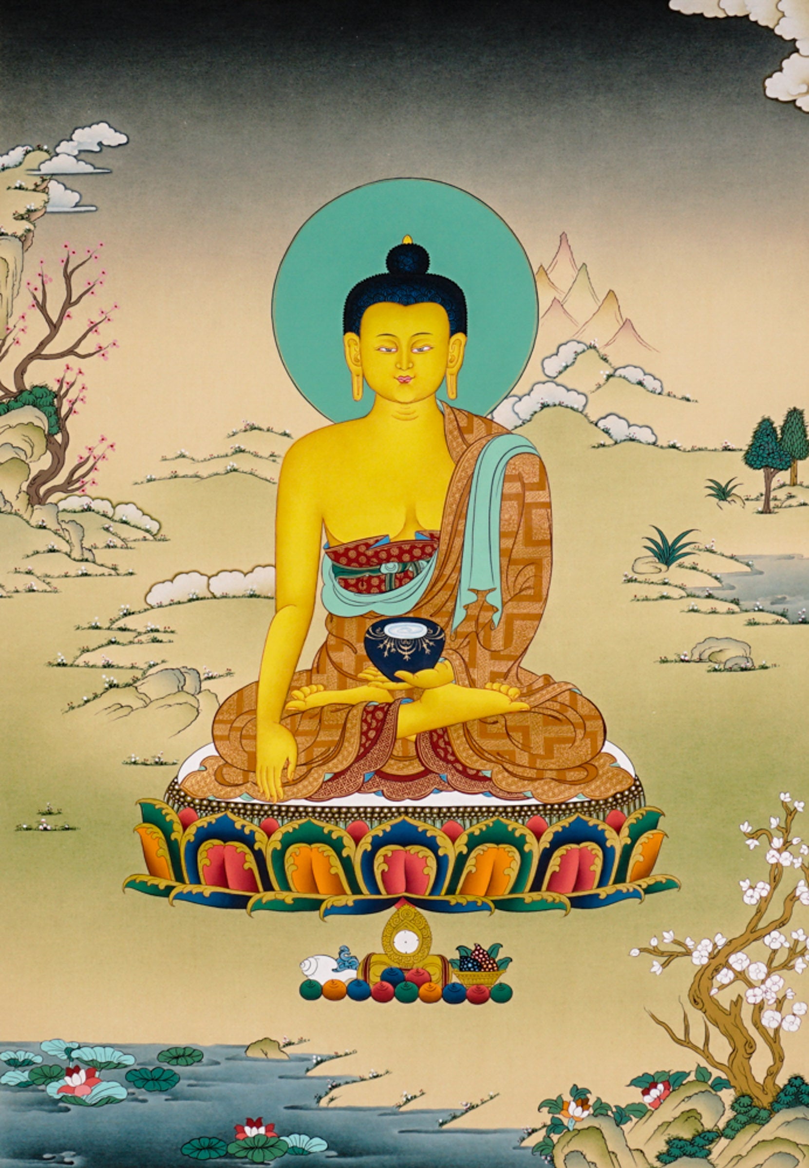 Shakyamuni Buddha Thangka painting with lotus throne, alms bowl, peaceful landscape, and Tibetan Buddhist enlightenment symbolism.