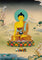 Shakyamuni Buddha Thangka painting with lotus throne, alms bowl, peaceful landscape, and Tibetan Buddhist enlightenment symbolism.