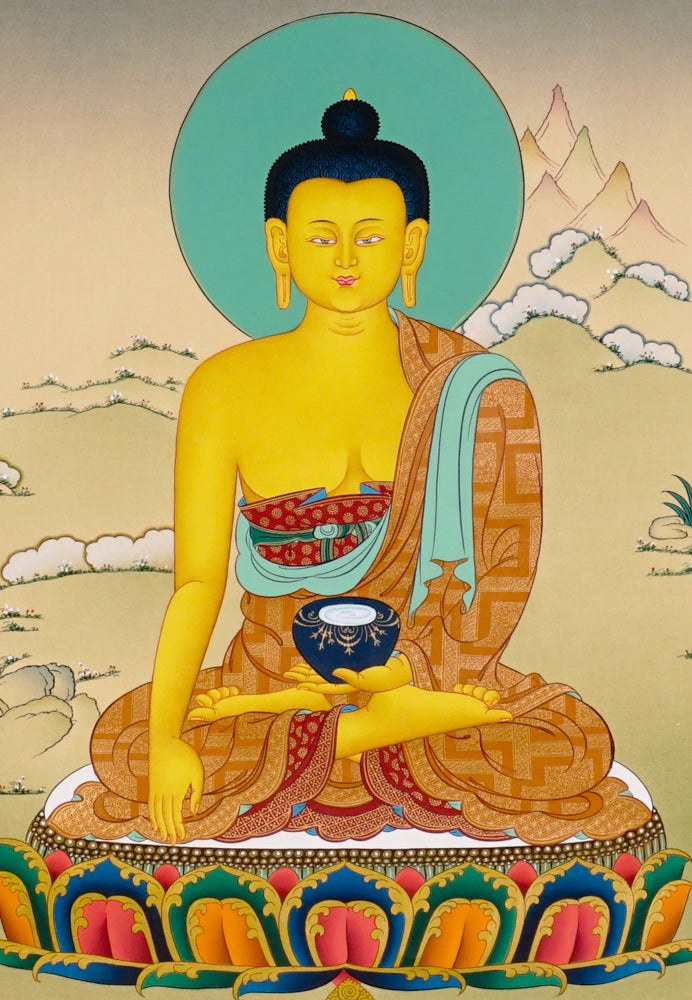 Shakyamuni Buddha Thangka painting with lotus throne, alms bowl, peaceful landscape, and Tibetan Buddhist enlightenment symbolism.