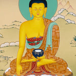 Shakyamuni Buddha Thangka painting with lotus throne, alms bowl, peaceful landscape, and Tibetan Buddhist enlightenment symbolism.