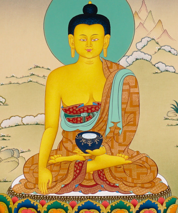 Shakyamuni Buddha Thangka painting with lotus throne, alms bowl, peaceful landscape, and Tibetan Buddhist enlightenment symbolism.