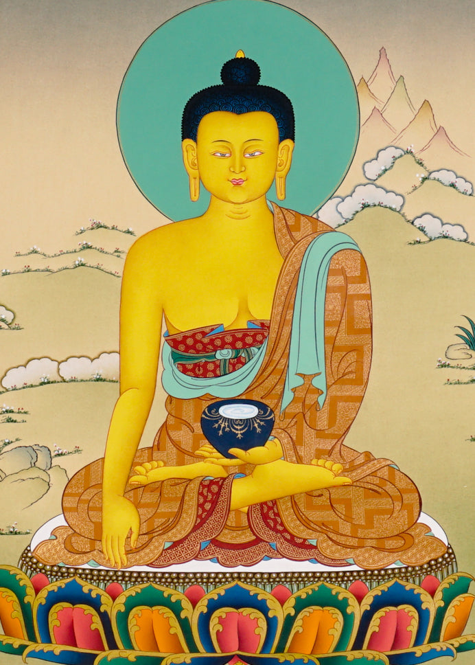 Shakyamuni Buddha Thangka painting with lotus throne, alms bowl, peaceful landscape, and Tibetan Buddhist enlightenment symbolism.