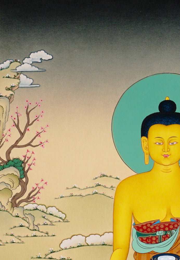 Shakyamuni Buddha Thangka painting with lotus throne, alms bowl, peaceful landscape, and Tibetan Buddhist enlightenment symbolism.