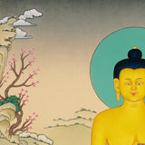 Shakyamuni Buddha Thangka painting with lotus throne, alms bowl, peaceful landscape, and Tibetan Buddhist enlightenment symbolism.