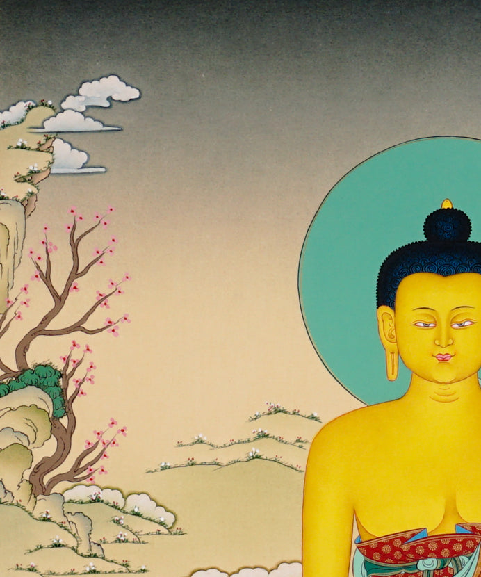 Shakyamuni Buddha Thangka painting with lotus throne, alms bowl, peaceful landscape, and Tibetan Buddhist enlightenment symbolism.