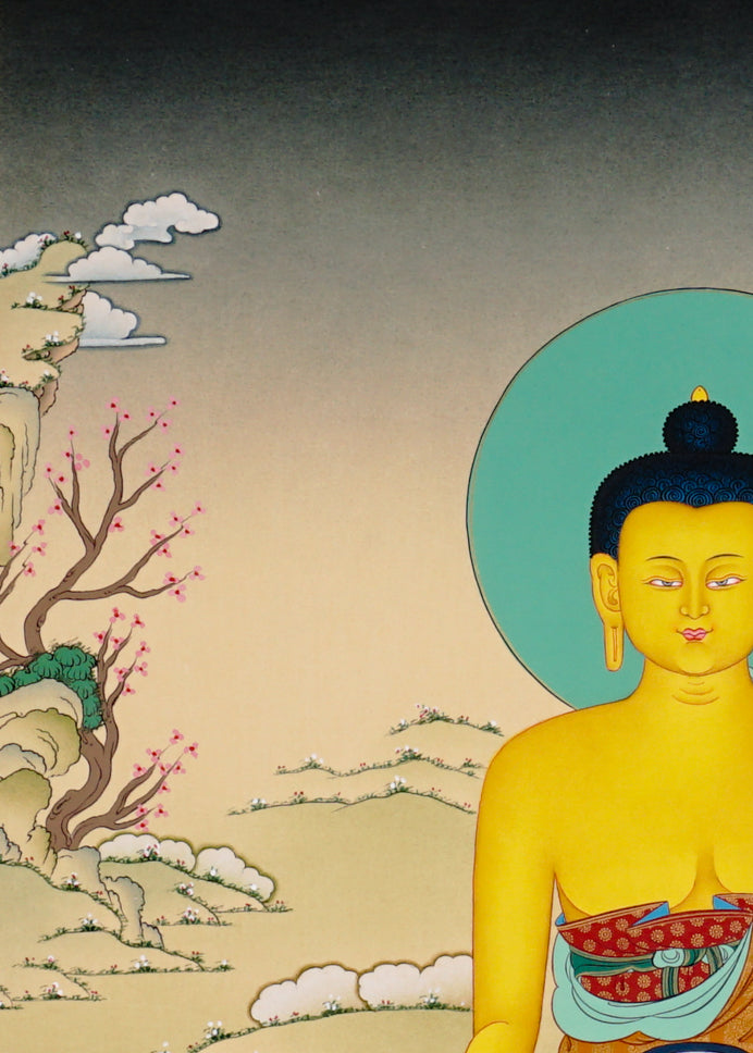 Shakyamuni Buddha Thangka painting with lotus throne, alms bowl, peaceful landscape, and Tibetan Buddhist enlightenment symbolism.
