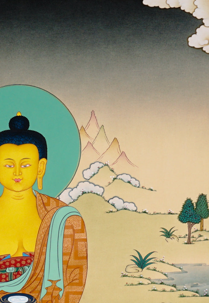 Shakyamuni Buddha Thangka painting with lotus throne, alms bowl, peaceful landscape, and Tibetan Buddhist enlightenment symbolism.