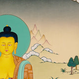 Shakyamuni Buddha Thangka painting with lotus throne, alms bowl, peaceful landscape, and Tibetan Buddhist enlightenment symbolism.
