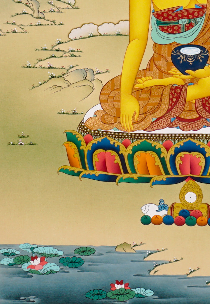 Shakyamuni Buddha Thangka painting with lotus throne, alms bowl, peaceful landscape, and Tibetan Buddhist enlightenment symbolism.