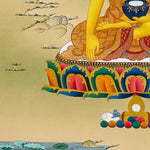 Shakyamuni Buddha Thangka painting with lotus throne, alms bowl, peaceful landscape, and Tibetan Buddhist enlightenment symbolism.