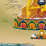 Shakyamuni Buddha Thangka painting with lotus throne, alms bowl, peaceful landscape, and Tibetan Buddhist enlightenment symbolism.