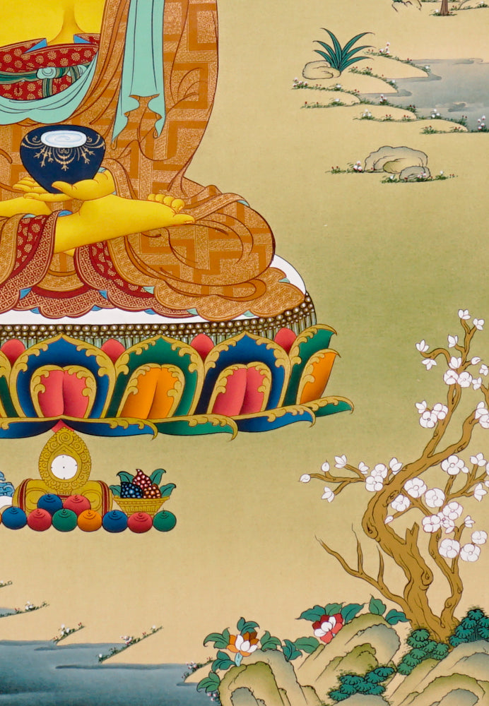 Shakyamuni Buddha Thangka painting with lotus throne, alms bowl, peaceful landscape, and Tibetan Buddhist enlightenment symbolism.