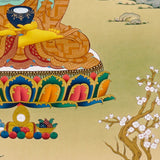 Shakyamuni Buddha Thangka painting with lotus throne, alms bowl, peaceful landscape, and Tibetan Buddhist enlightenment symbolism.