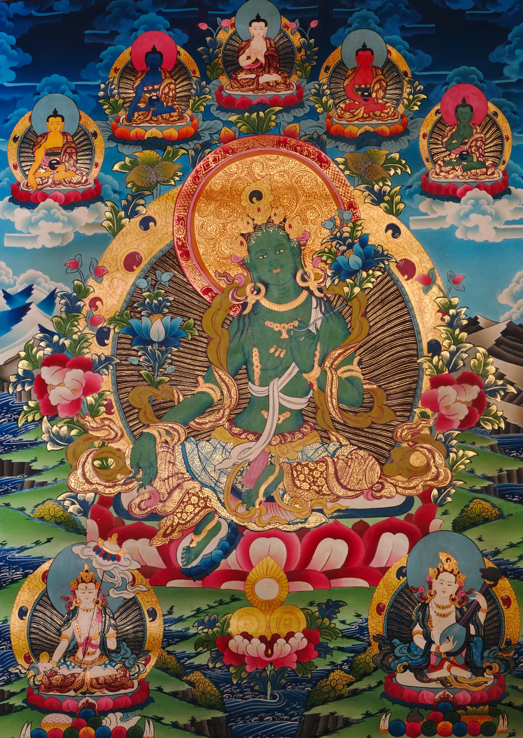 green tara thangka for meditation altar decor