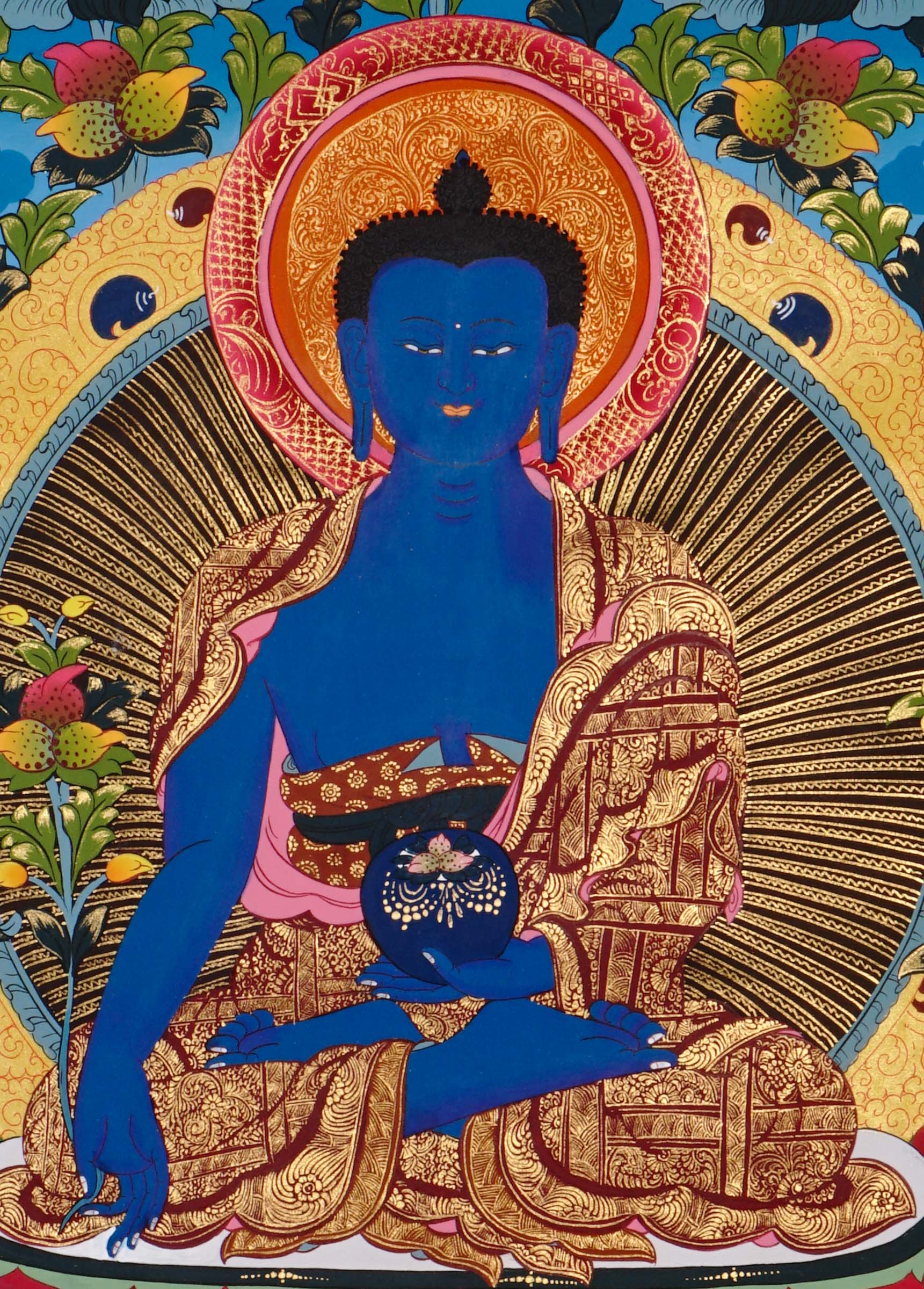 blue medicine buddha himalayan thangka painting