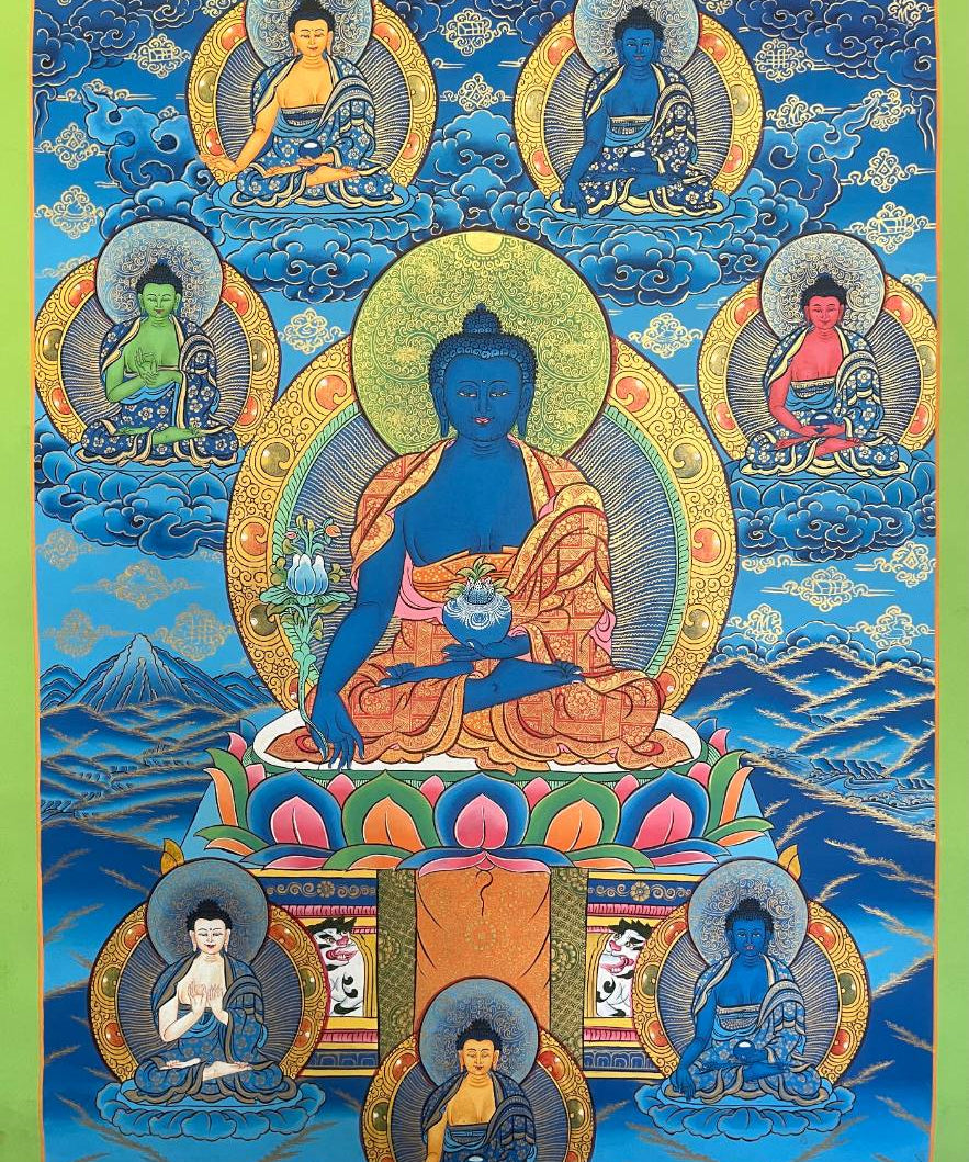 Medicine Buddha Thangka on Blue Background