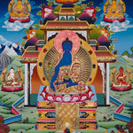 sacred medicine buddha thangka with temple background