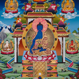 sacred medicine buddha thangka with temple background