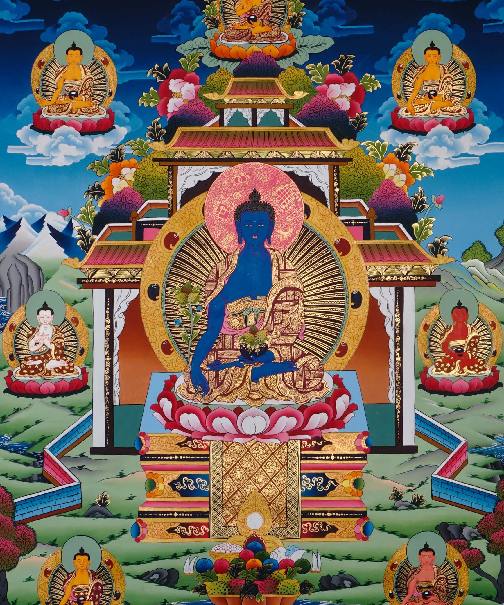 sacred medicine buddha thangka with temple background