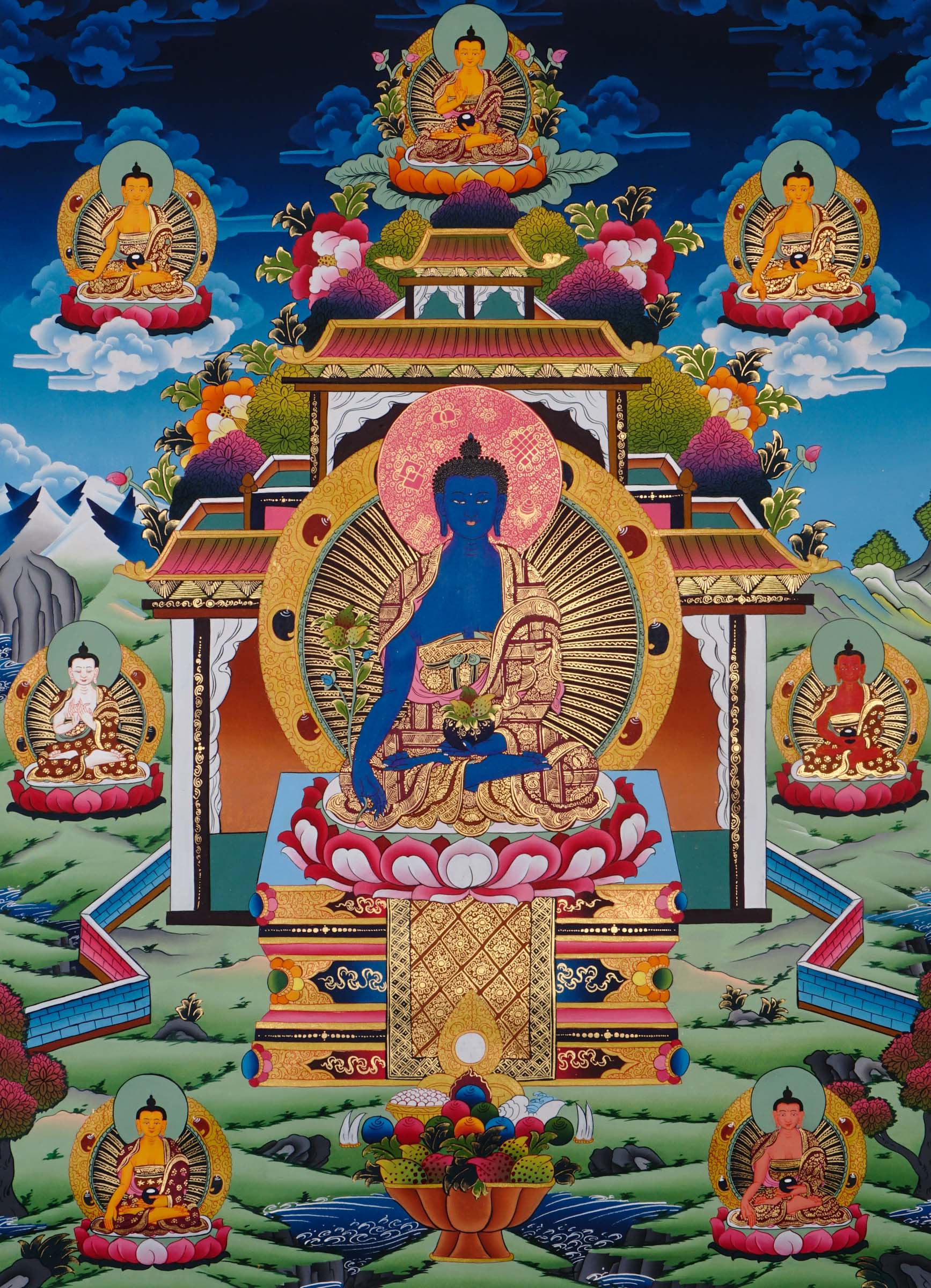 sacred medicine buddha thangka with temple background