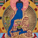 sacred medicine buddha thangka with temple background