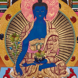 sacred medicine buddha thangka with temple background