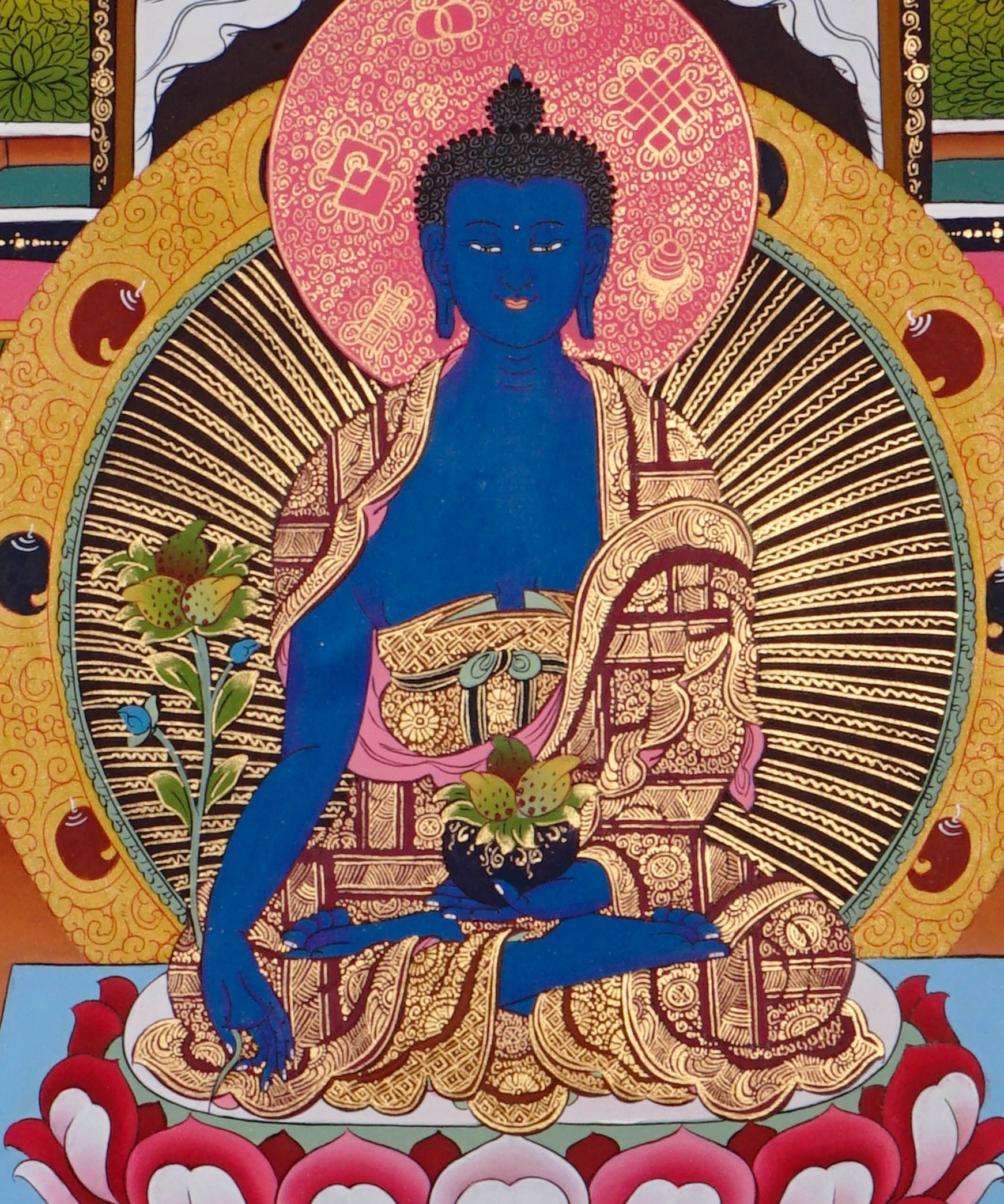 sacred medicine buddha thangka with temple background