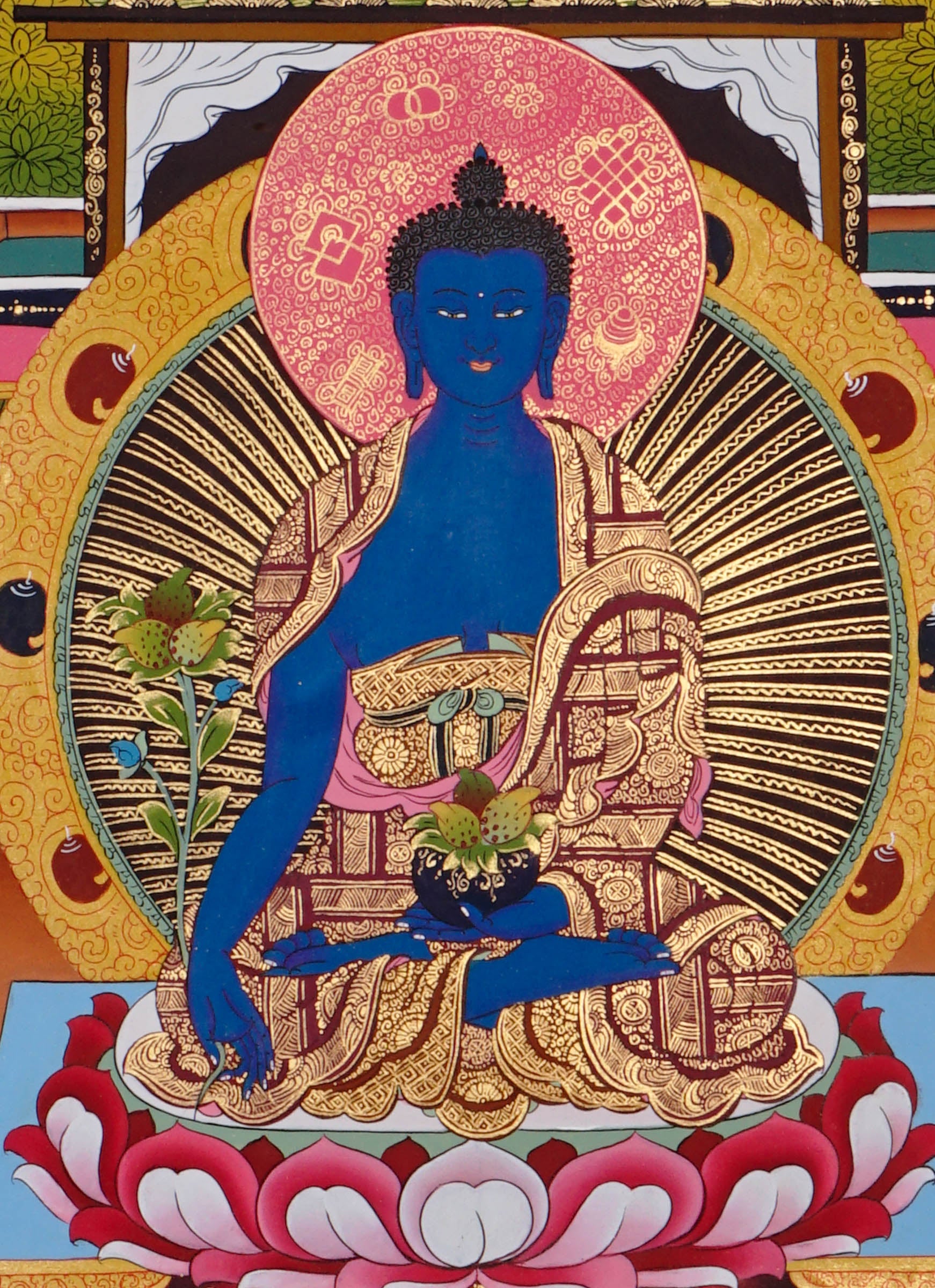 sacred medicine buddha thangka with temple background