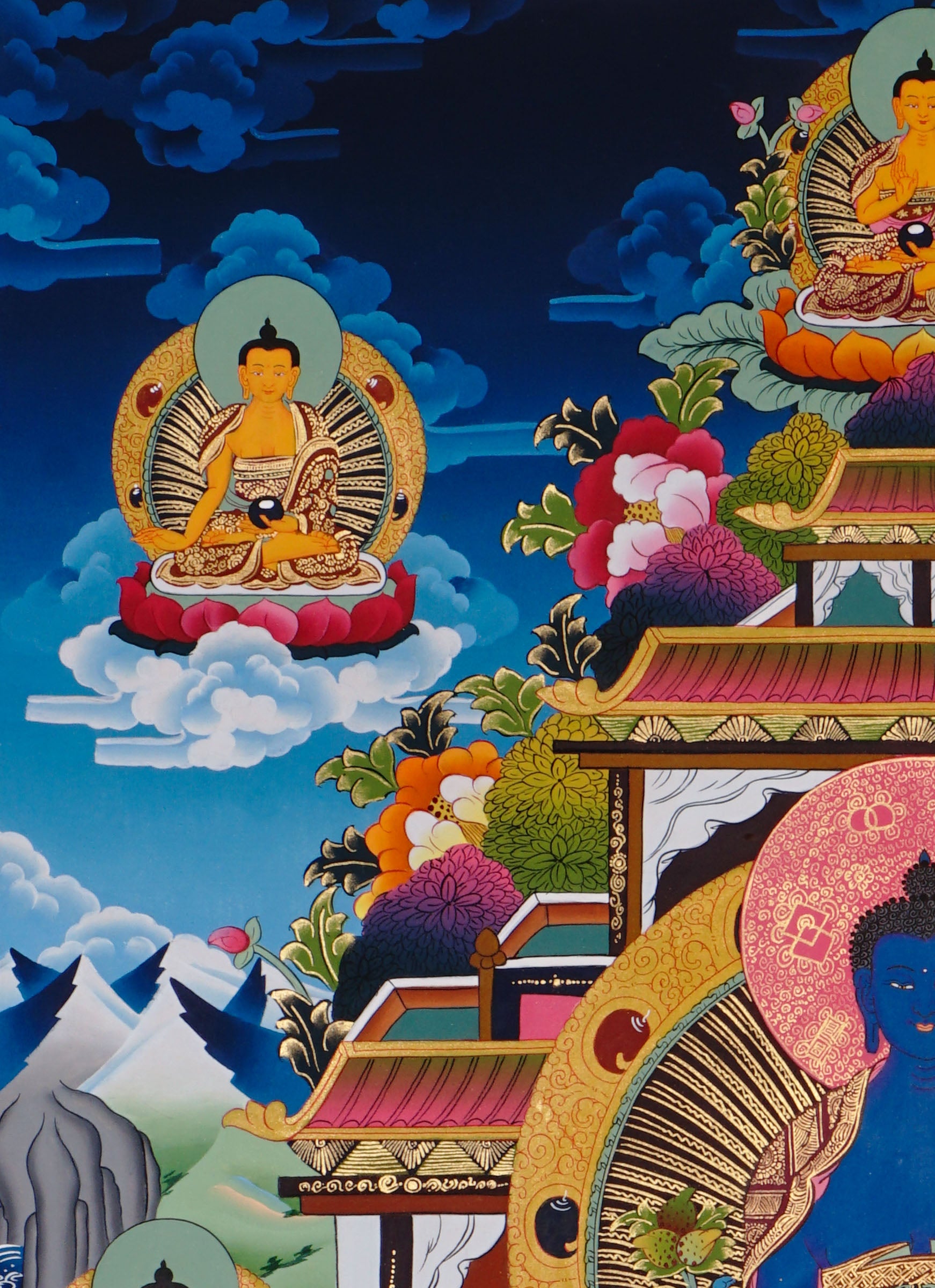 sacred medicine buddha thangka with temple background