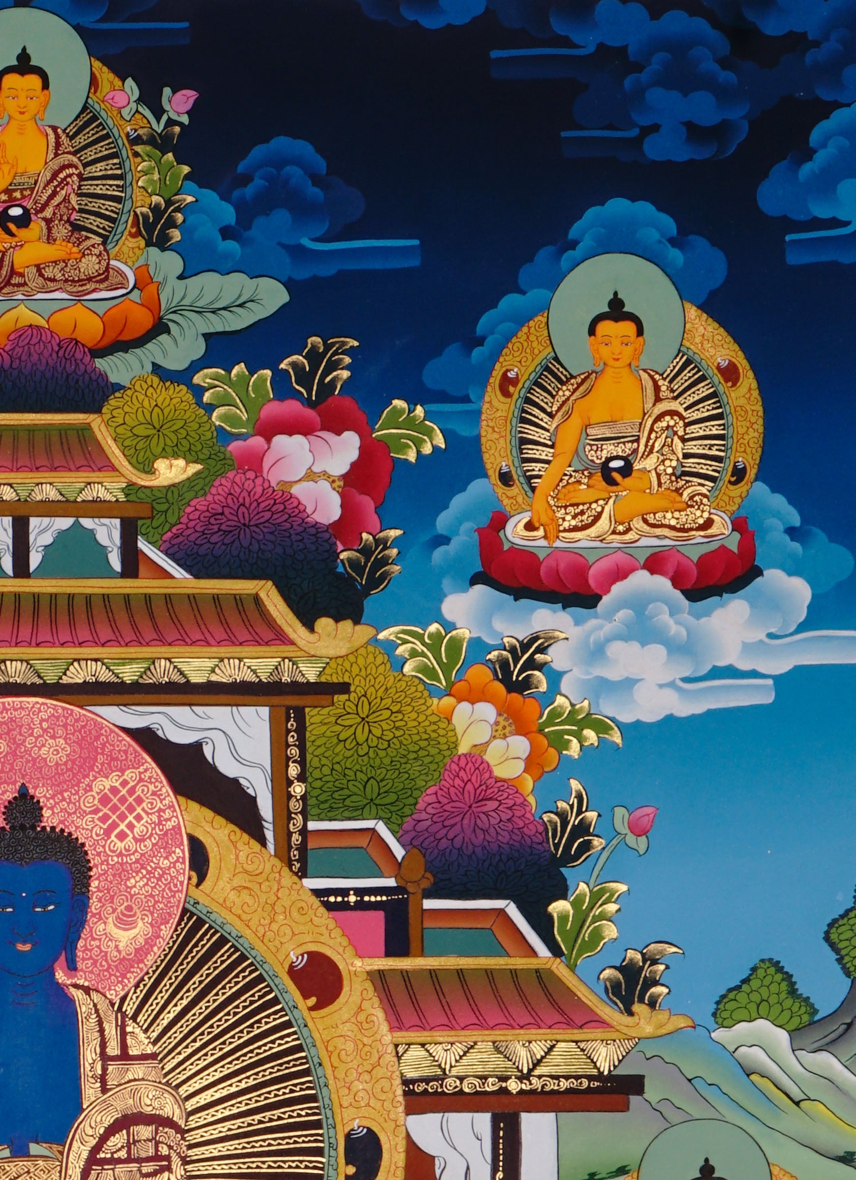sacred medicine buddha thangka with temple background