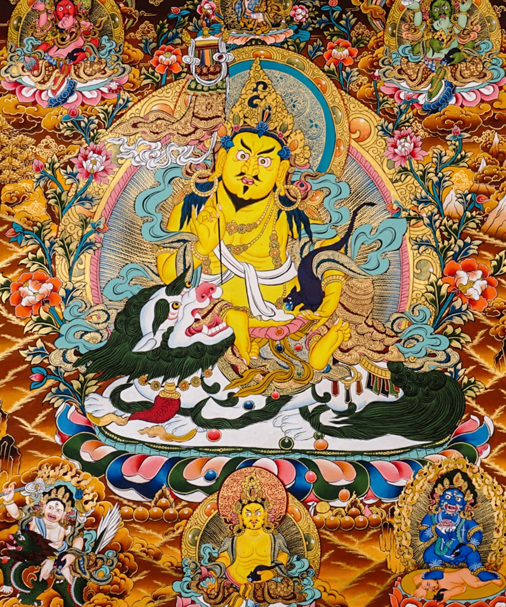 Five Singh Zambhala thangka with Yellow Zambhala riding snow lion