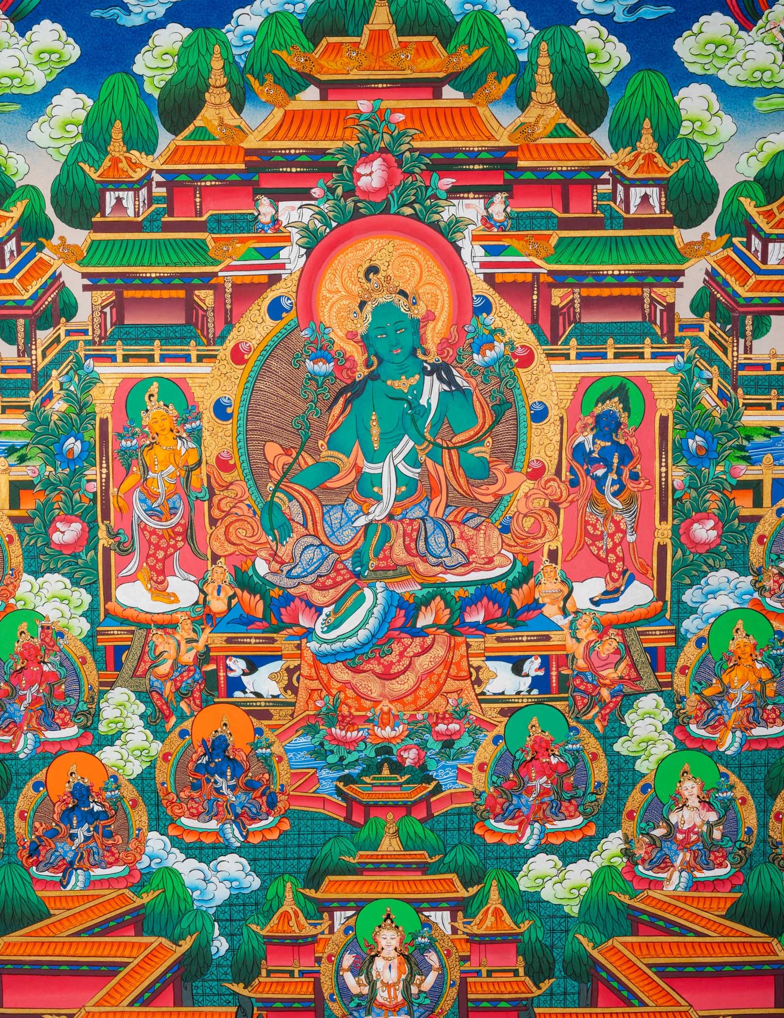 Masterpiece Green Tara Thangka  for sacred wall hanging decor.