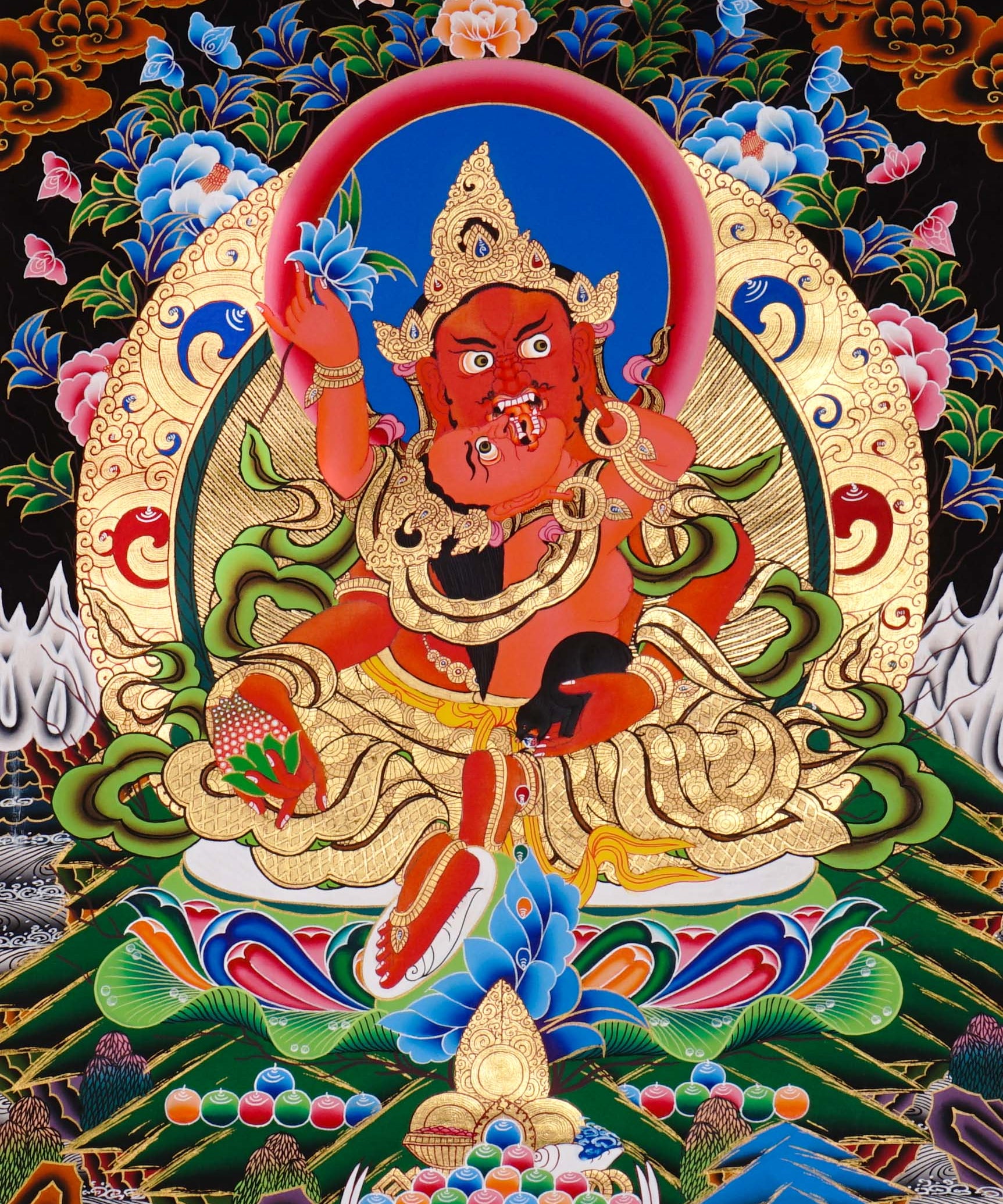 Red Zambala thangka from the Zambala Thangka Painting Set – red Zambala wealth deities seated on lotus thrones with offering bowls, jewels, radiant halos, gold-tone ornaments and Himalayan landscape details.