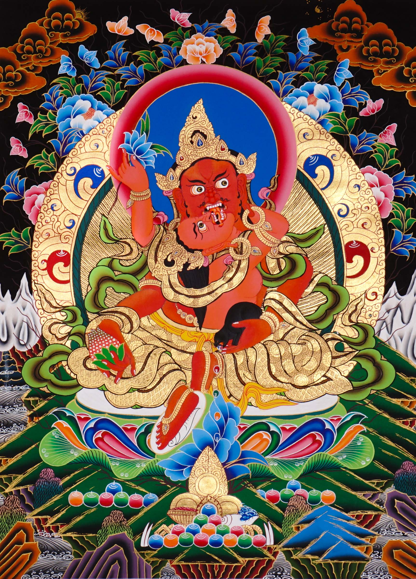 Red Zambala thangka from the Zambala Thangka Painting Set – red Zambala wealth deities seated on lotus thrones with offering bowls, jewels, radiant halos, gold-tone ornaments and Himalayan landscape details.