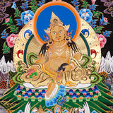 Yellow Zambala thangka from the Zambala Thangka Painting Set – yellow Zambala wealth deities seated on lotus thrones with offering bowls, jewels, radiant halos, gold-tone ornaments and Himalayan landscape details.
