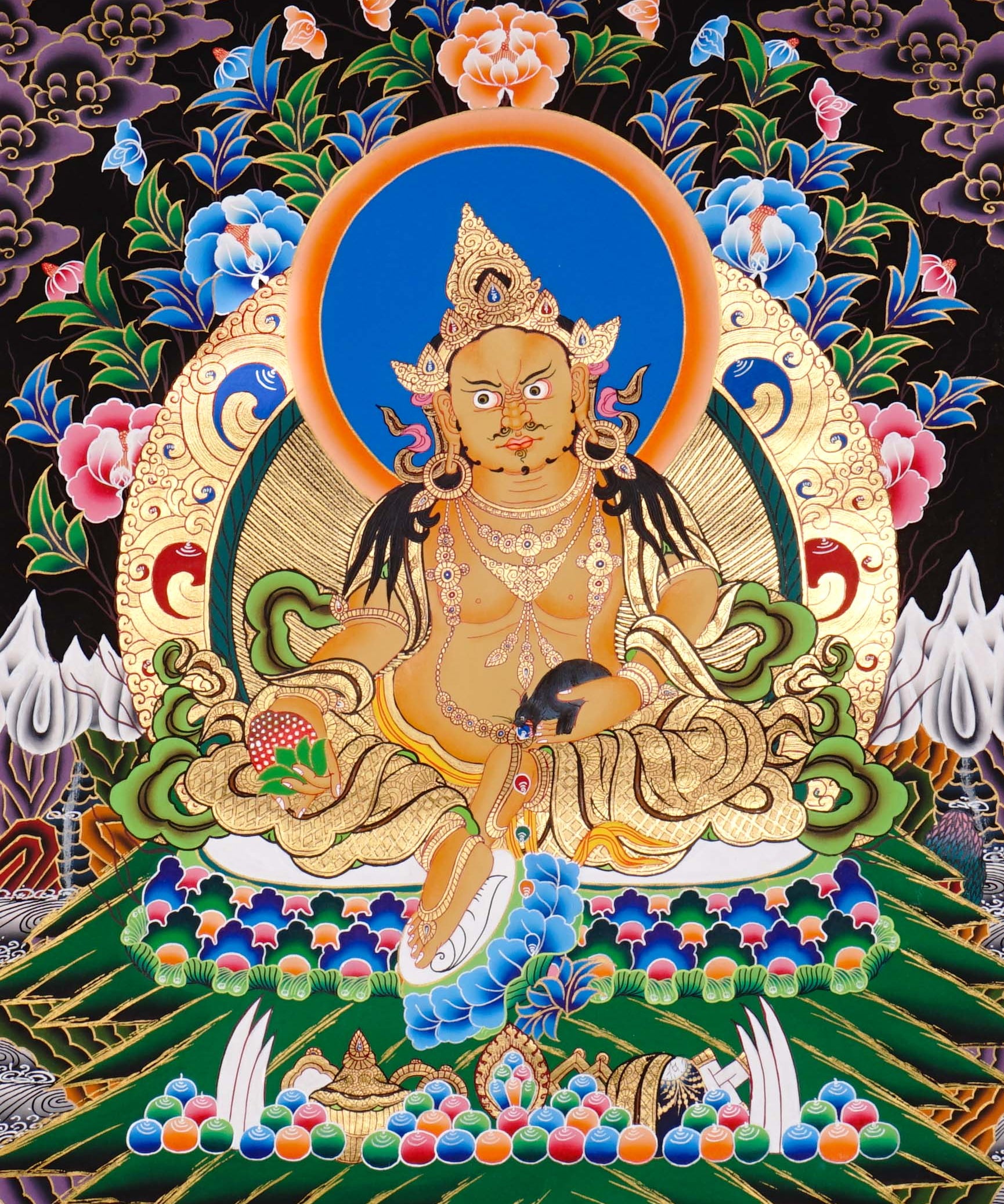Yellow Zambala thangka from the Zambala Thangka Painting Set – yellow Zambala wealth deities seated on lotus thrones with offering bowls, jewels, radiant halos, gold-tone ornaments and Himalayan landscape details.