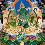 Green Zambala thangka from the Zambala Thangka Painting Set – green Zambala wealth deities seated on lotus thrones with offering bowls, jewels, radiant halos, gold-tone ornaments and Himalayan landscape details.