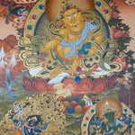 Zambala Thangka Painting seated on a lotus throne with mongoose, jewel offering, sacred ornaments, Green Tara, a wrathful protector figure, offerings and Himalayan landscape details.