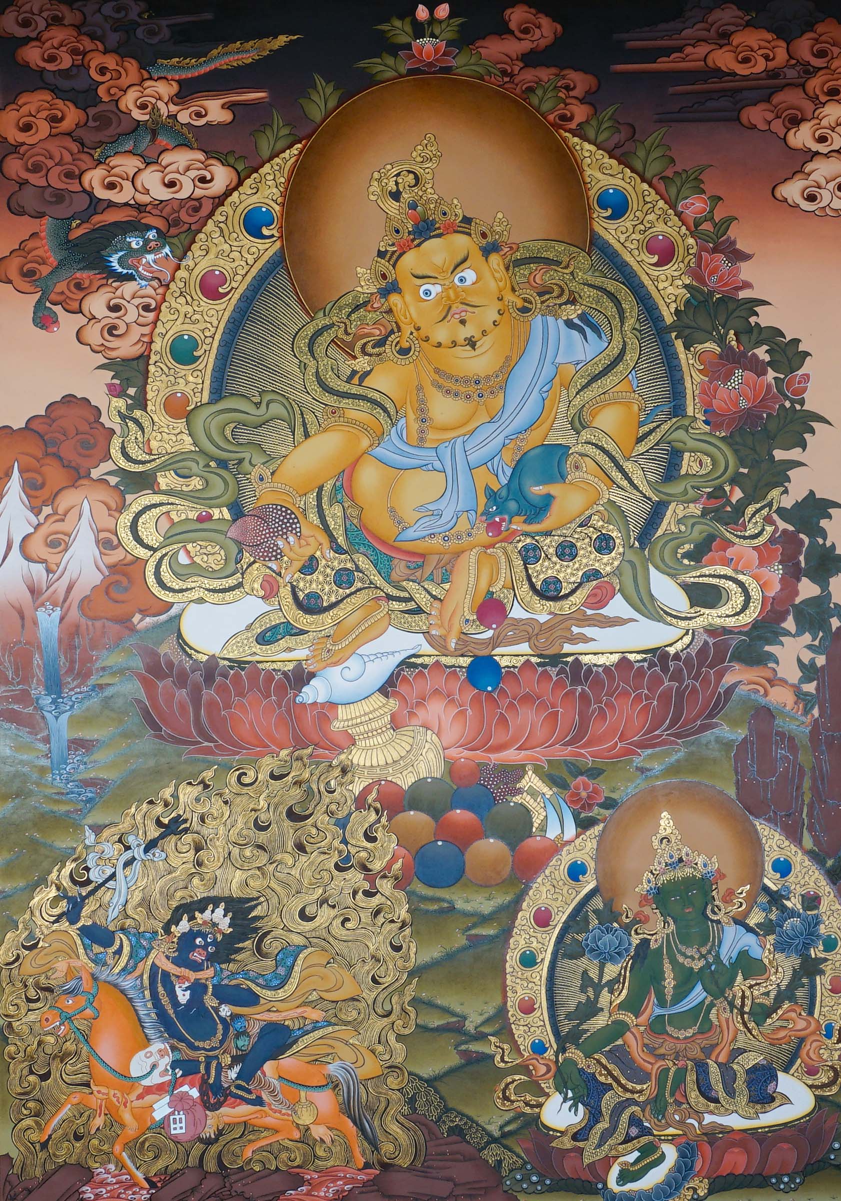 Zambala Thangka Painting seated on a lotus throne with mongoose, jewel offering, sacred ornaments, Green Tara, a wrathful protector figure, offerings and Himalayan landscape details.