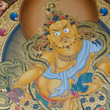 Zambala Thangka Painting seated on a lotus throne with mongoose, jewel offering, sacred ornaments, Green Tara, a wrathful protector figure, offerings and Himalayan landscape details.