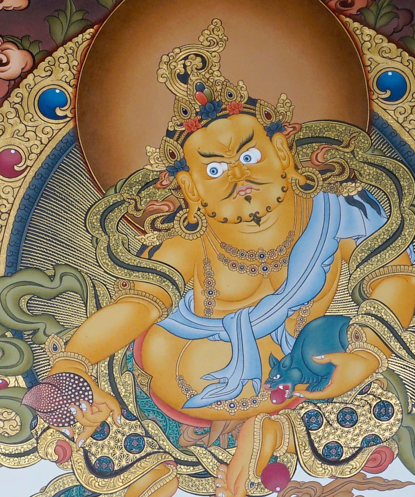 Zambala Thangka Painting seated on a lotus throne with mongoose, jewel offering, sacred ornaments, Green Tara, a wrathful protector figure, offerings and Himalayan landscape details.