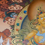 Zambala Thangka Painting seated on a lotus throne with mongoose, jewel offering, sacred ornaments, Green Tara, a wrathful protector figure, offerings and Himalayan landscape details.