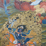 Zambala Thangka Painting seated on a lotus throne with mongoose, jewel offering, sacred ornaments, Green Tara, a wrathful protector figure, offerings and Himalayan landscape details.