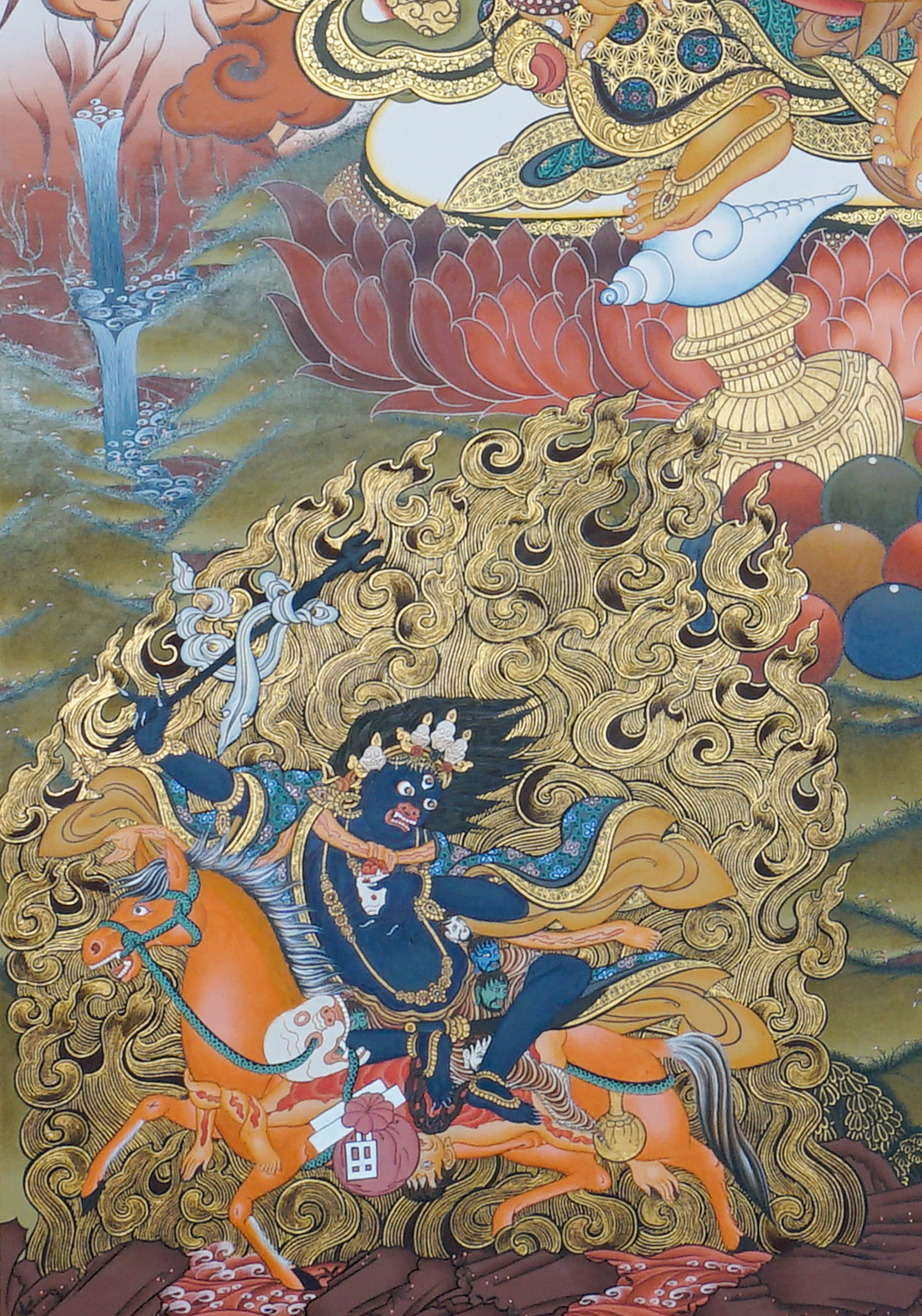 Zambala Thangka Painting seated on a lotus throne with mongoose, jewel offering, sacred ornaments, Green Tara, a wrathful protector figure, offerings and Himalayan landscape details.