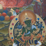 Zambala Thangka Painting seated on a lotus throne with mongoose, jewel offering, sacred ornaments, Green Tara, a wrathful protector figure, offerings and Himalayan landscape details.